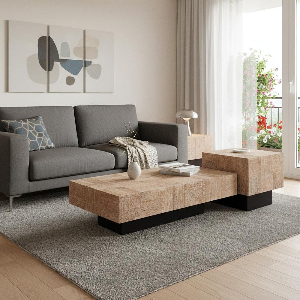 Set Of Two Natural and Brown Solid Wood Block Coffee Table