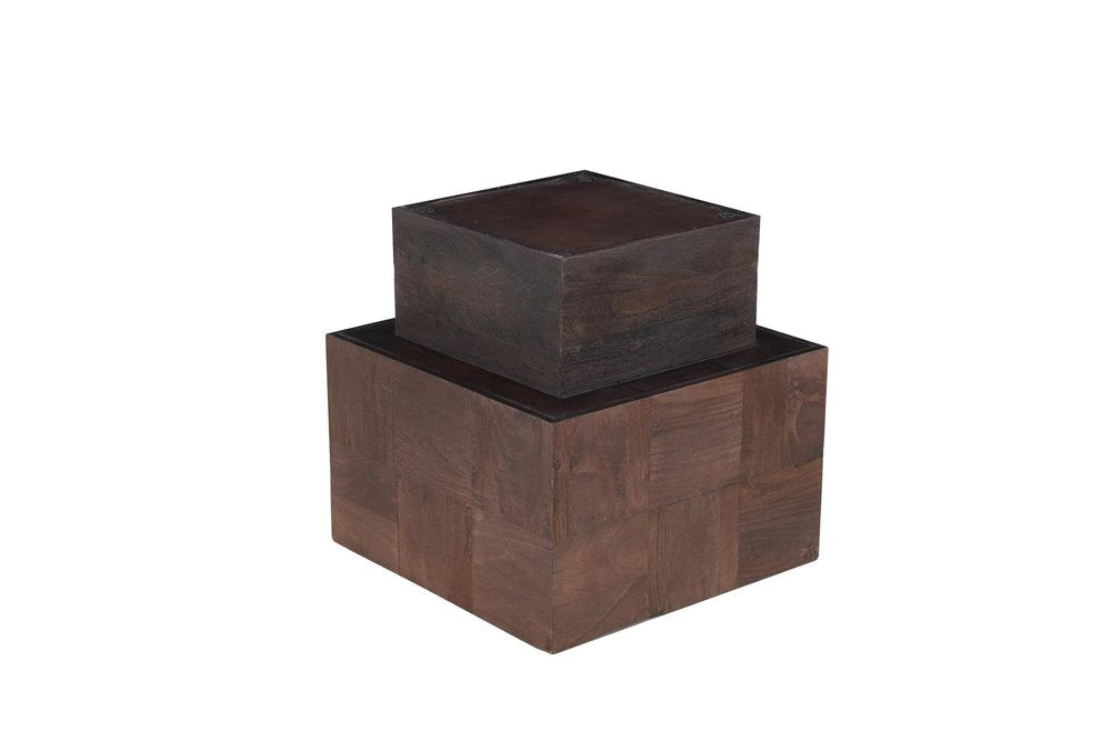 Set Of Two Natural and Brown Solid Wood Square Block Coffee Table