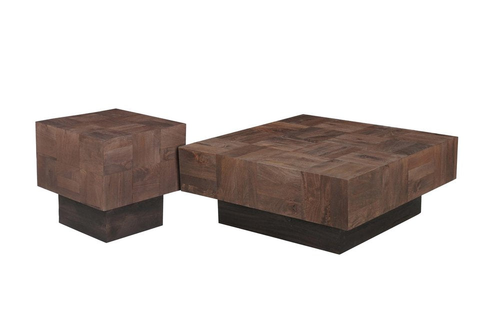 Set Of Two Natural and Brown Solid Wood Square Block Coffee Table