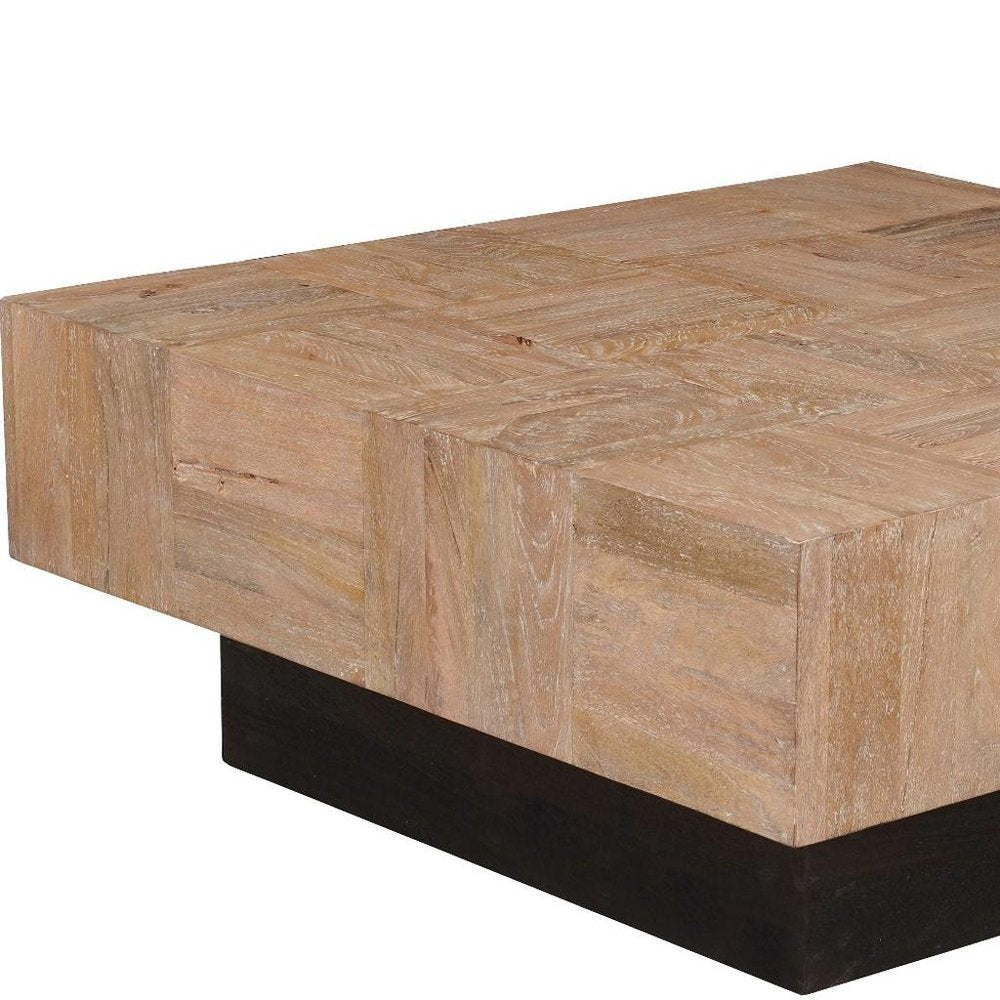 Set Of Two Natural and Dark Brown Solid Wood Square Block Coffee Table