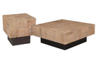 Set Of Two Natural and Dark Brown Solid Wood Square Block Coffee Table