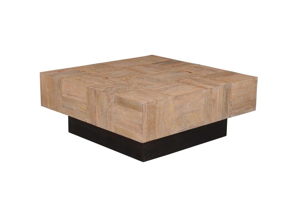 Set Of Two Natural and Dark Brown Solid Wood Square Block Coffee Table