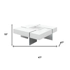 47" White And Clear Wood And Glass Square Sled Coffee Table