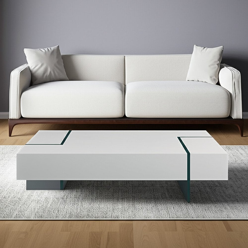 53" White And Clear Wood And Glass Sled Coffee Table