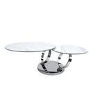 32" White And Silver Ceramic Tile And Metal Round Abstract Coffee Table