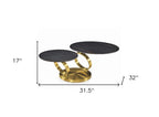 32" Black And Gold Ceramic Tile And Metal Round Distressed Abstract Coffee Table