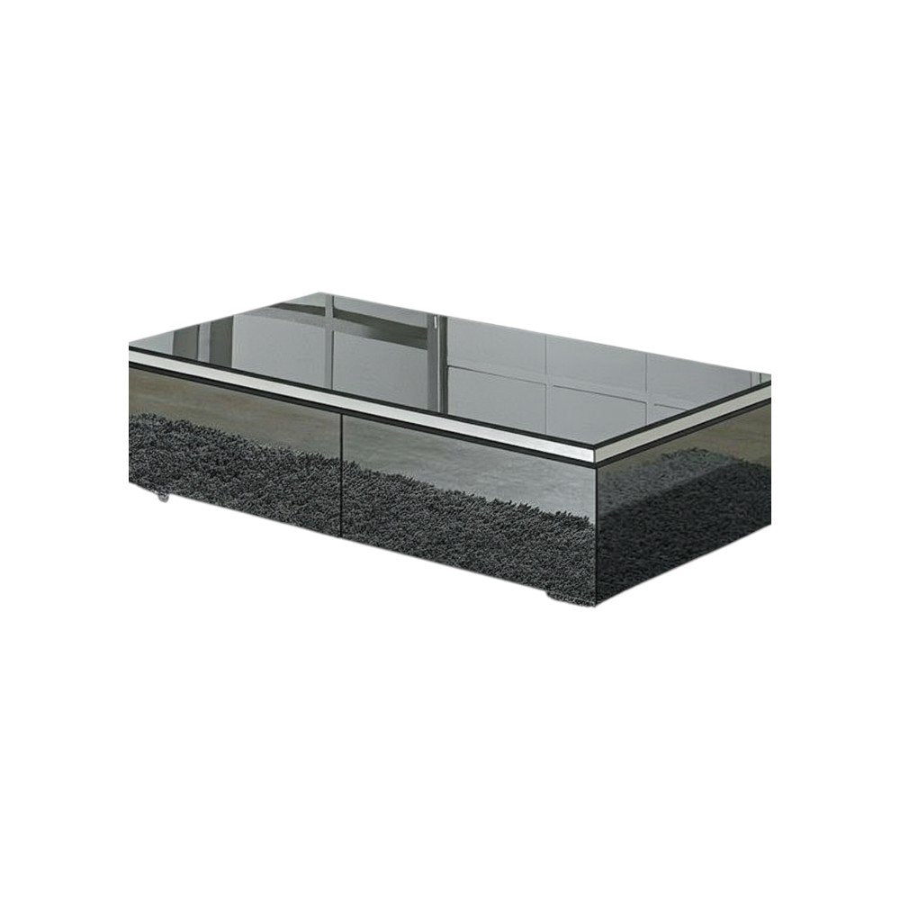 26" Dark Gray and Silver Mirrored Glass Wood and Stainless Steel Coffee Table With Two Drawers