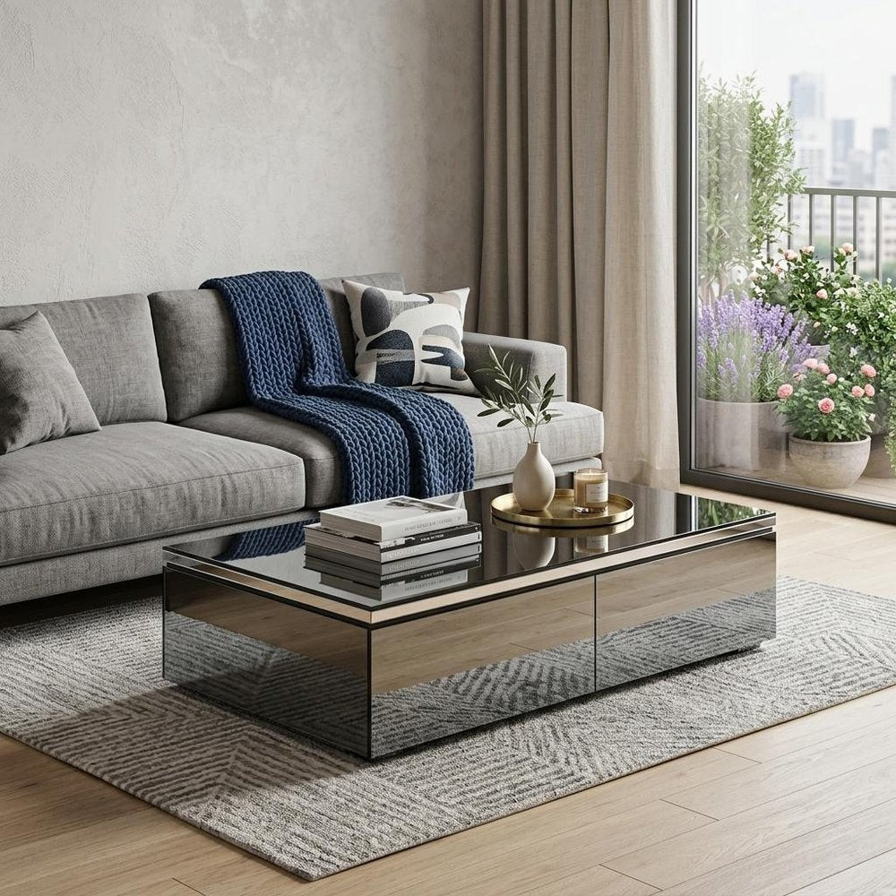 26" Dark Gray and Silver Mirrored Glass Wood and Stainless Steel Coffee Table With Two Drawers