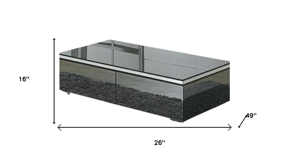 26" Dark Gray and Silver Mirrored Glass Wood and Stainless Steel Coffee Table With Two Drawers