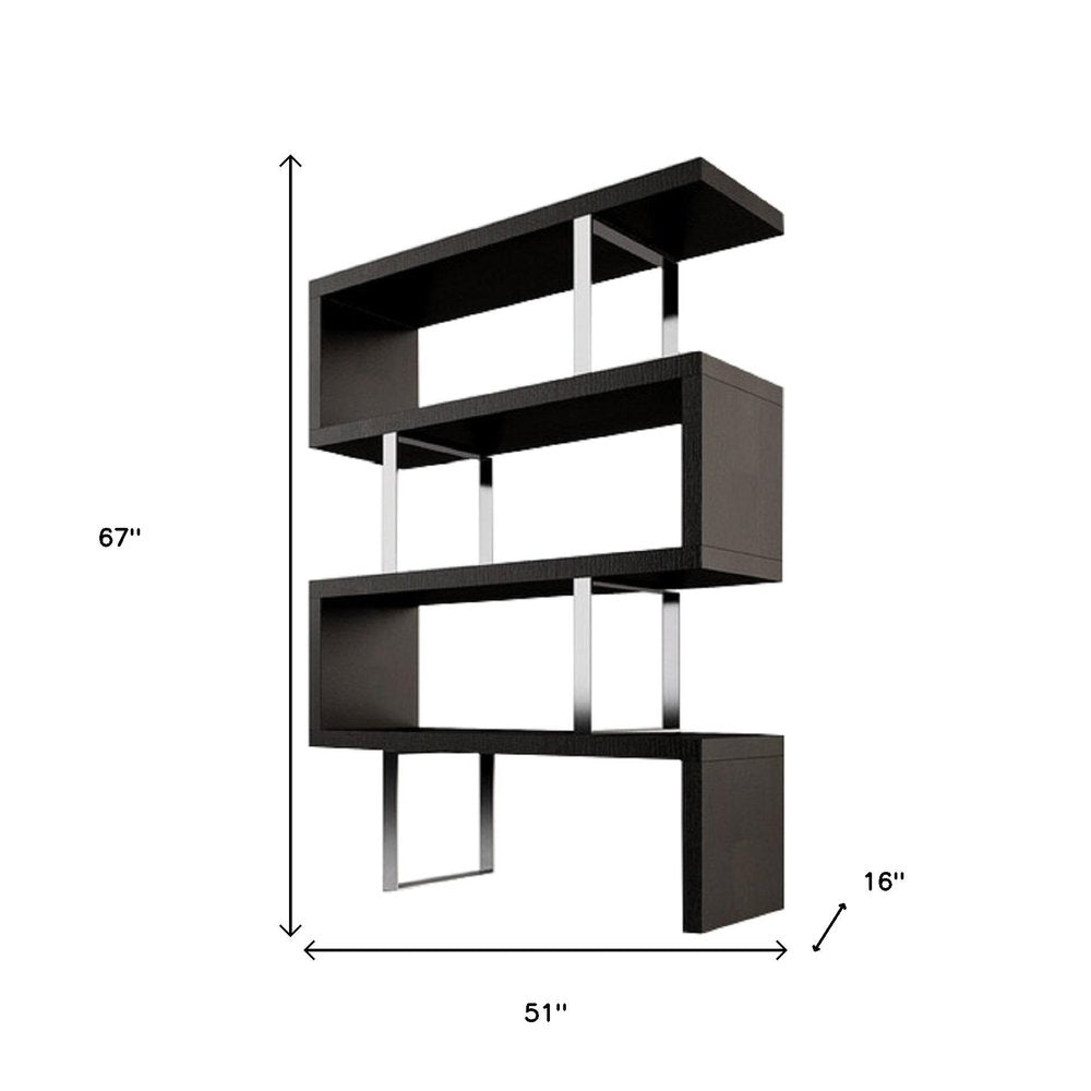 67" Espresso And Silver Metal and Wood Three Tier Etagere Bookcase
