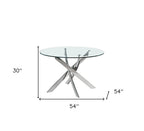 54" Clear and Silver Glass and Metal Cross Leg Base Round Top Dining Table