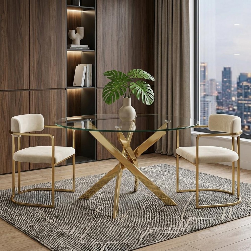 54" Clear and Gold Glass and Metal Cross Leg Base Round Top Dining Table