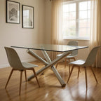 60" Clear and Silver Glass and Metal Cross Leg Base Square Dining Table
