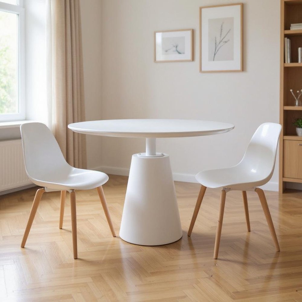 42" White Wood and Metal Pedestal Base Round Top Dining Table