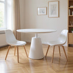 42" White Wood and Metal Pedestal Base Round Top Dining Table