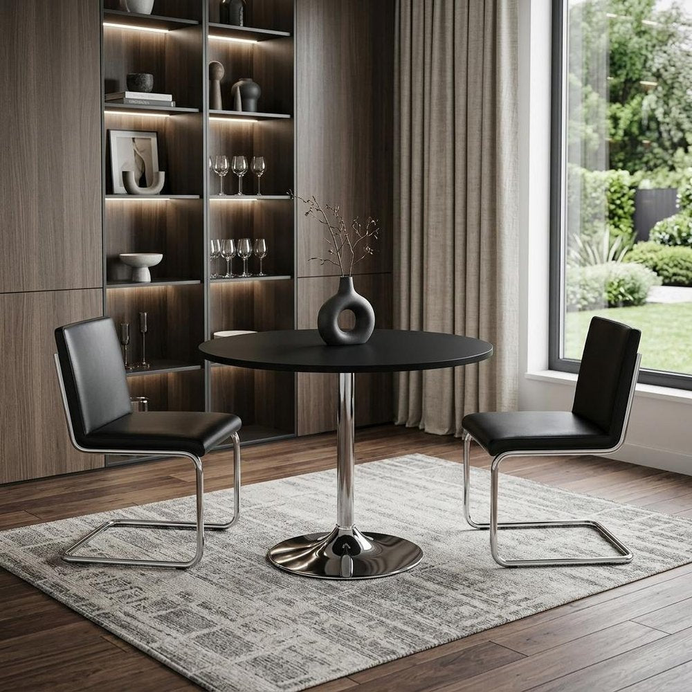 36" Black and Silver Wood and Metal Pedestal Base Round Top Dining Table