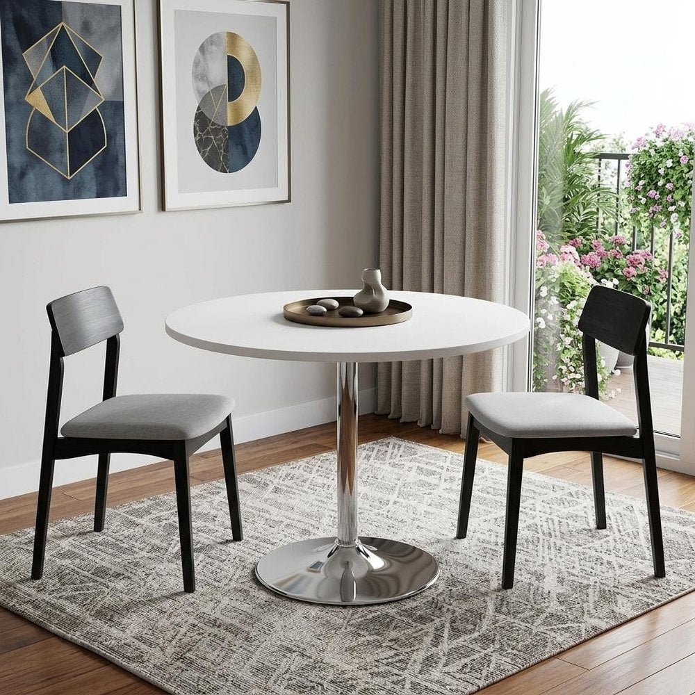 36" Black and Silver Wood and Metal Pedestal Base Round Top Dining Table