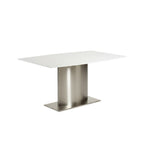 63" White and Silver Marble and Stainless Steel Pedestal Base Dining Table