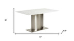 63" White and Silver Marble and Stainless Steel Pedestal Base Dining Table