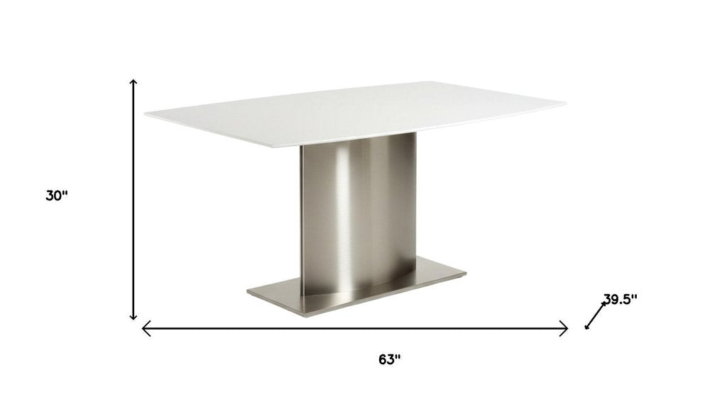 63" White and Silver Marble and Stainless Steel Pedestal Base Dining Table