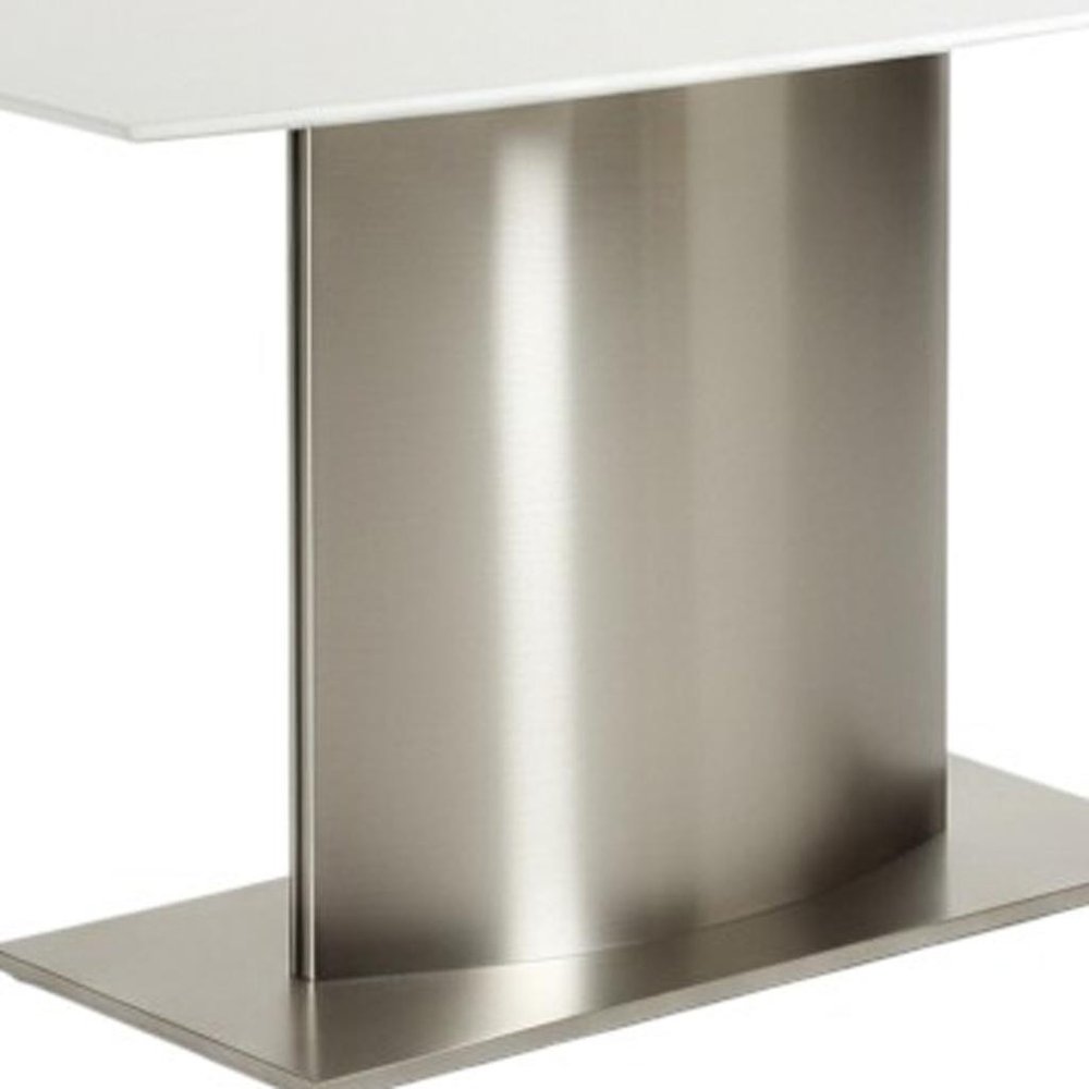 63" White and Silver Marble and Stainless Steel Pedestal Base Dining Table