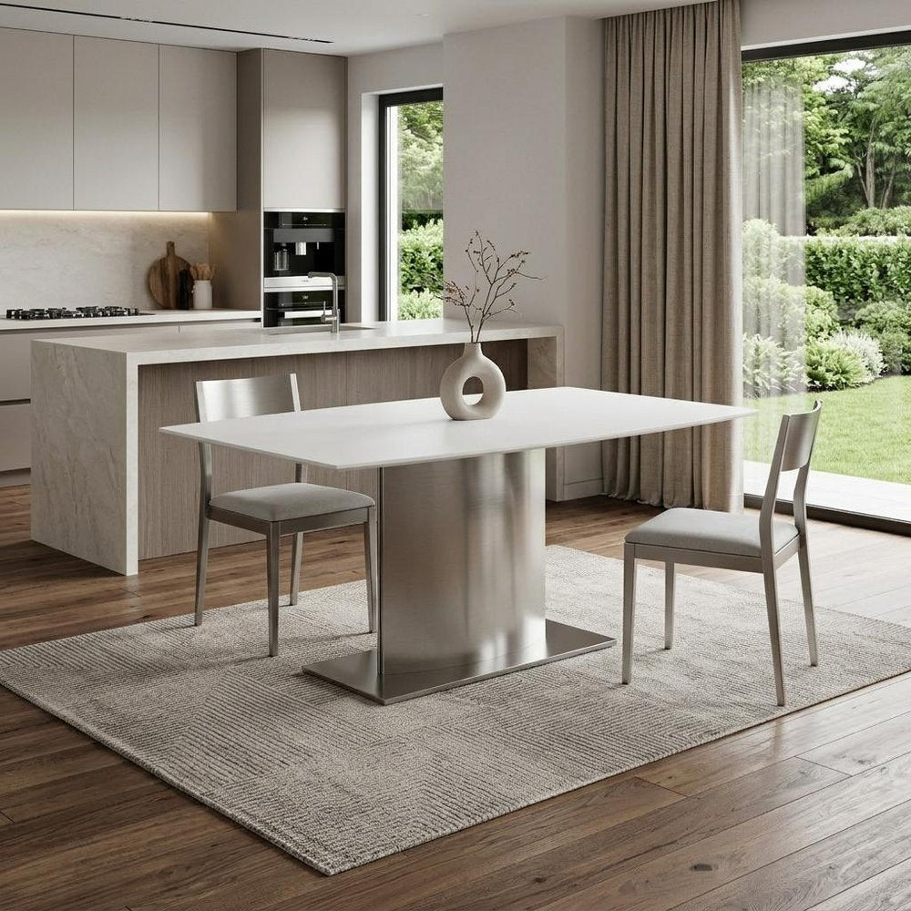 63" White and Silver Marble and Stainless Steel Pedestal Base Dining Table
