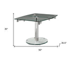 40" Clear and Silver Glass and Metal Self-Storing Leaf Motion Extendable Dining Table
