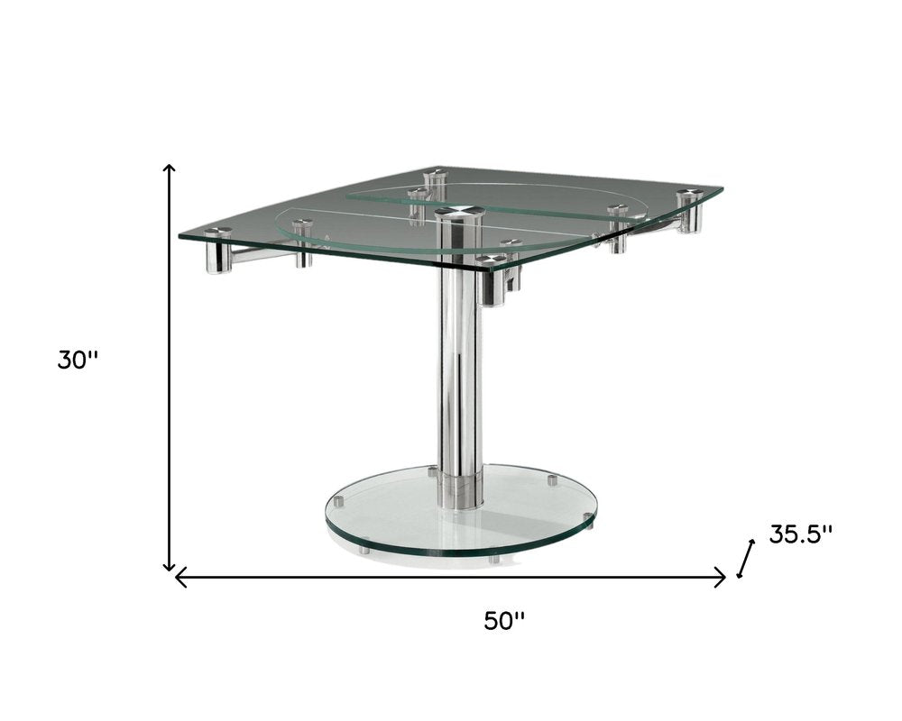 40" Clear and Silver Glass and Metal Self-Storing Leaf Motion Extendable Dining Table
