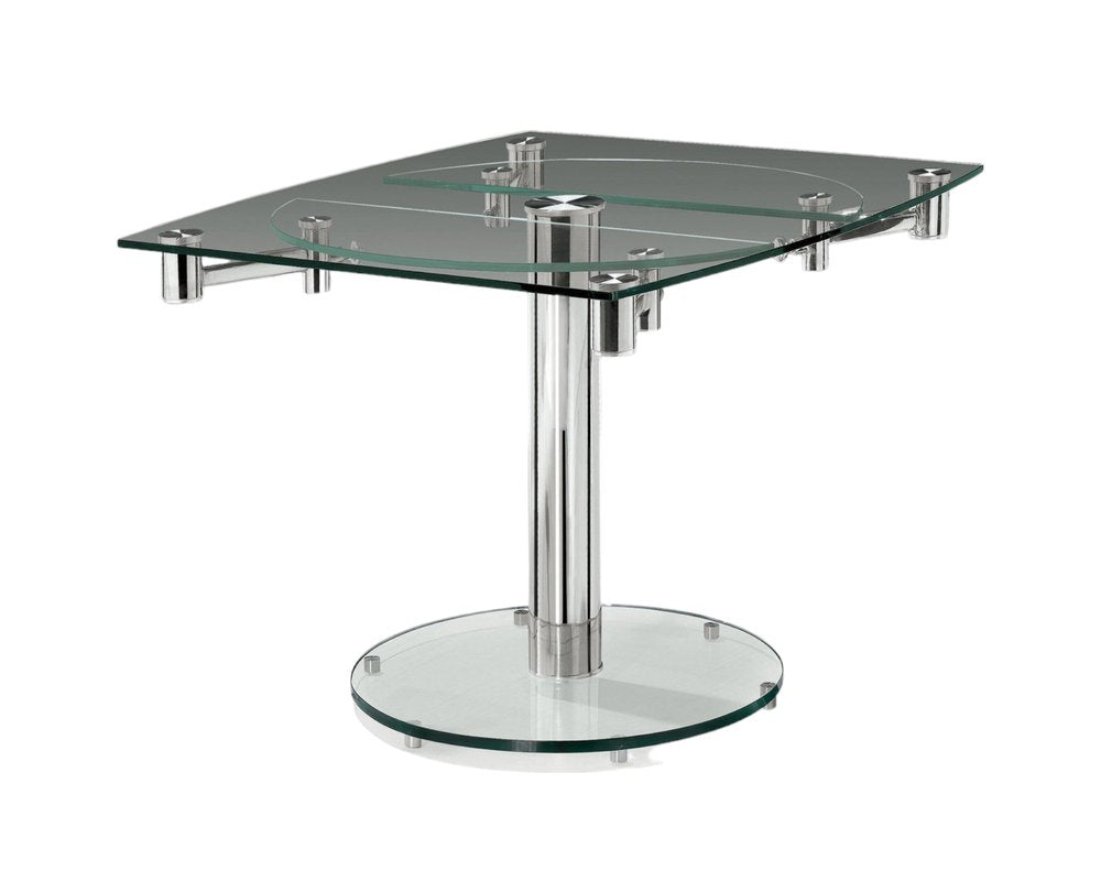 40" Clear and Silver Glass and Metal Self-Storing Leaf Motion Extendable Dining Table