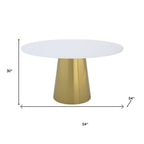 54" Gray White and Gold Marble and Metal Pedestal Base Round Top Dining Table
