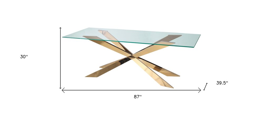 87" Clear and Silver Glass and Metal Cross Leg Base Dining Table