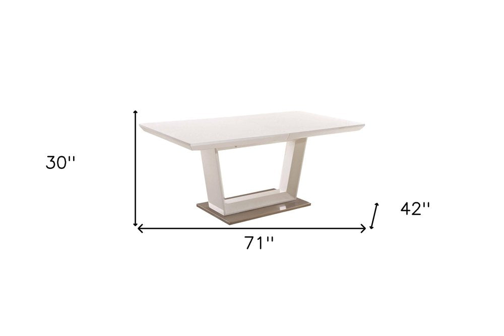 71" Gray Wood and Metal Self-Storing Leaf Pedestal Base Extendable Dining Table