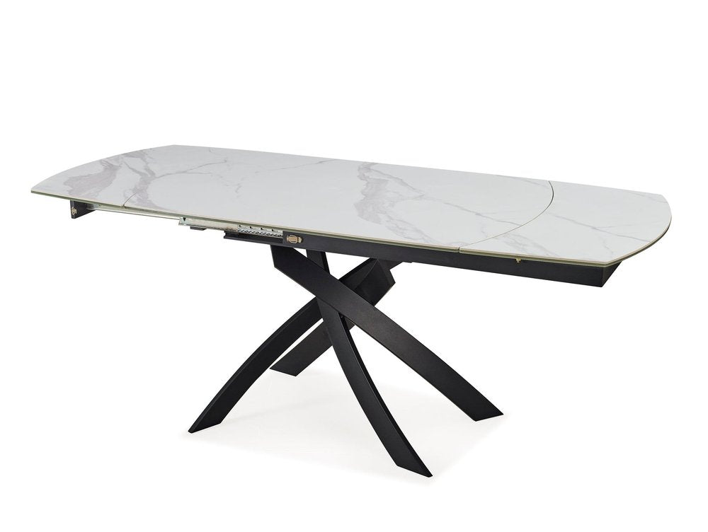 47" Gray White and Black Ceramic and Metal Self-Storing Leaf Cross Leg Base Oval Extendable Dining Table