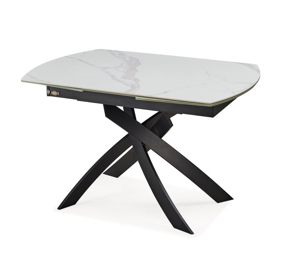 47" Gray White and Black Ceramic and Metal Self-Storing Leaf Cross Leg Base Oval Extendable Dining Table