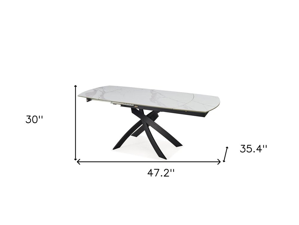 47" Gray White and Black Ceramic and Metal Self-Storing Leaf Cross Leg Base Oval Extendable Dining Table