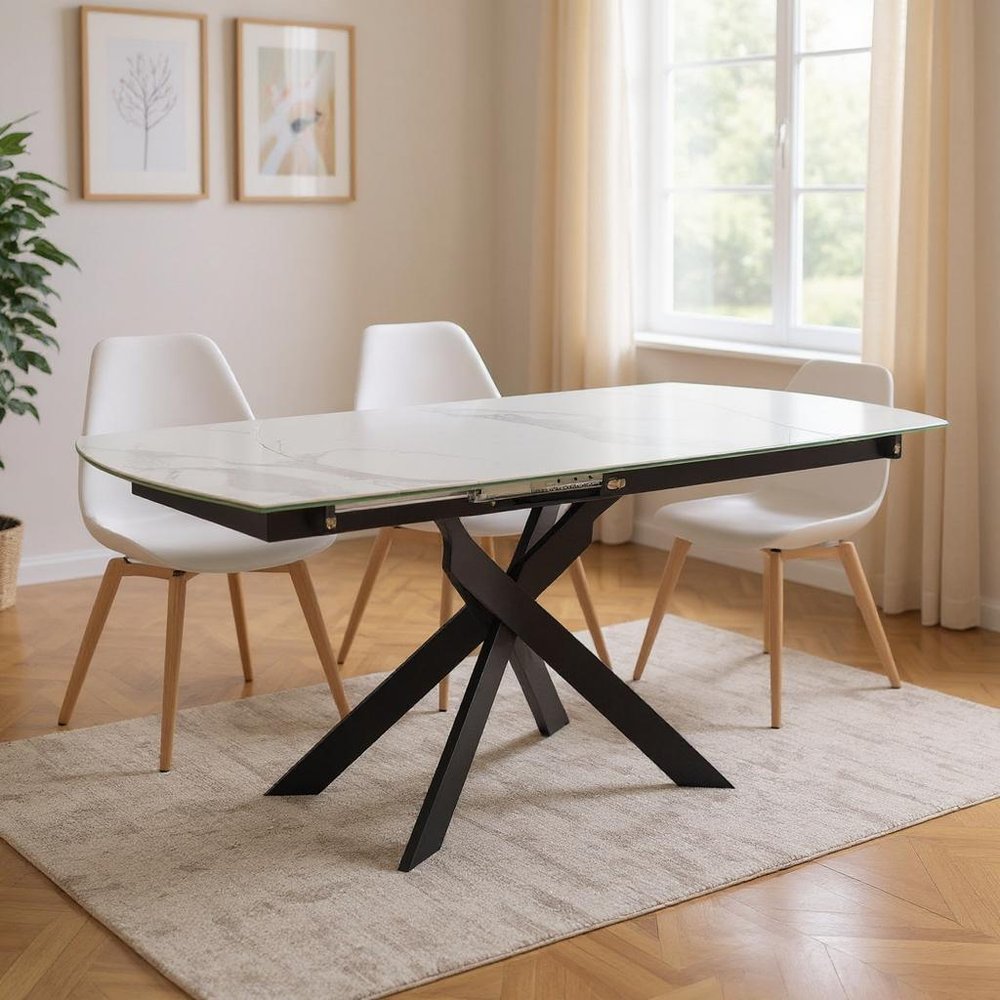 47" Gray White and Black Ceramic and Metal Self-Storing Leaf Cross Leg Base Oval Extendable Dining Table