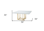 59" White and Gold Wood and Metal Pedestal Base Square Dining Table