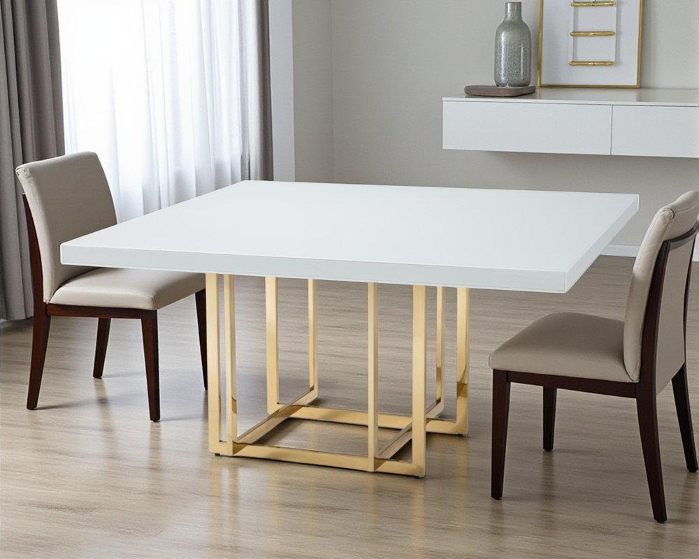 59" White and Gold Wood and Metal Pedestal Base Square Dining Table