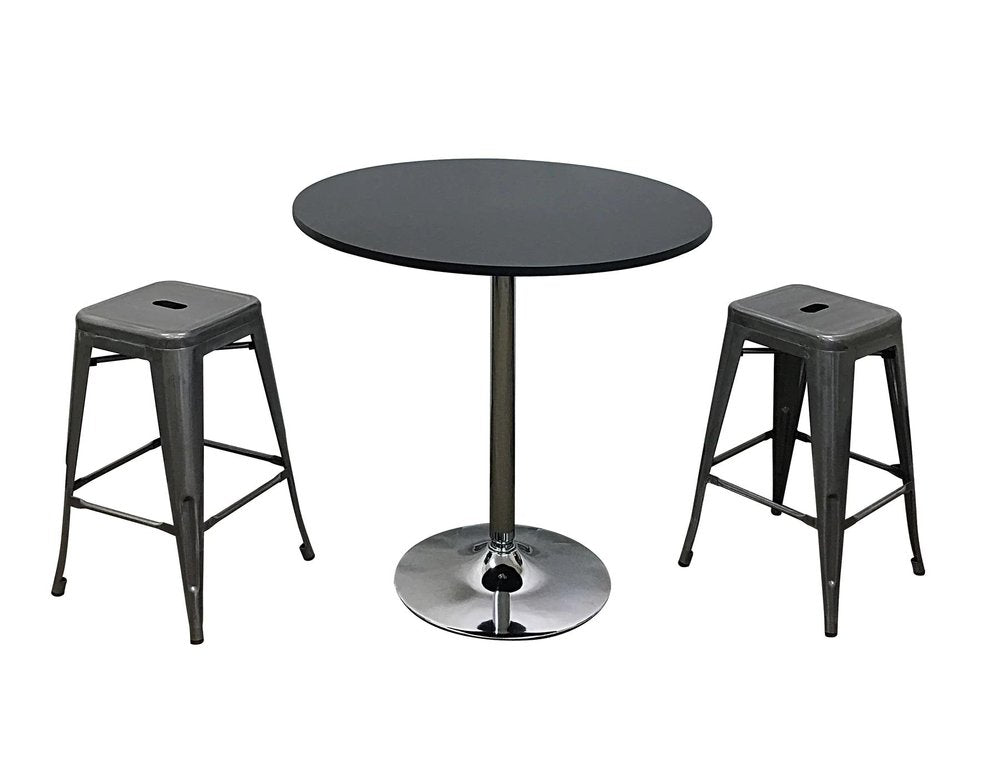 36" Black and Silver Wood and Metal Pedestal Base Round Top Dining Table