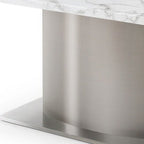 72" Gray White and Silver Marble and Stainless Steel Pedestal Base Dining Table