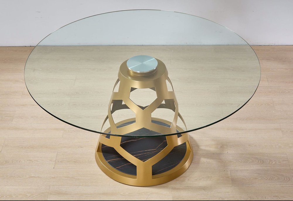 48" Clear And Gold Glass And Steel Pedestal Base Round Top Dining Table
