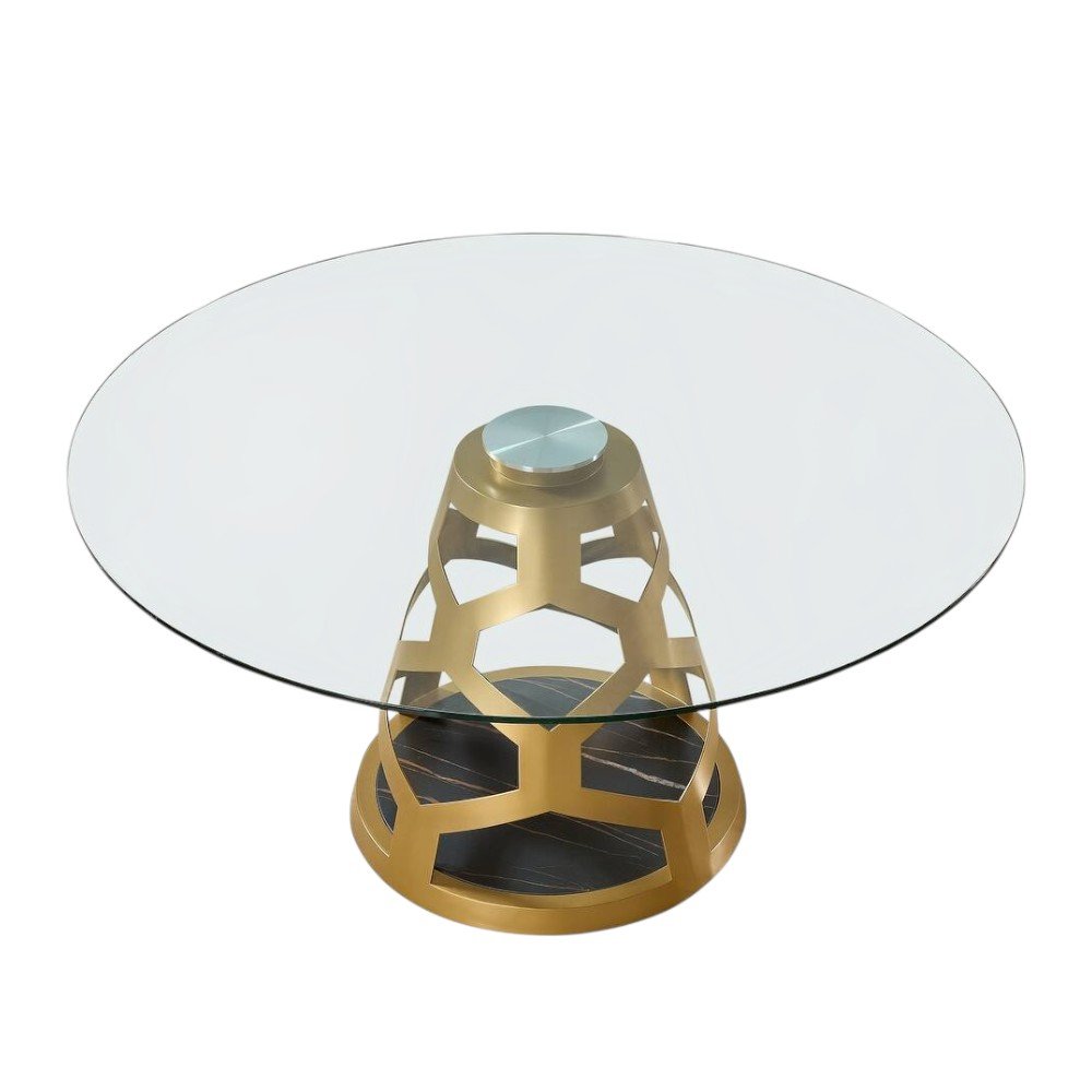 48" Clear And Gold Glass And Steel Pedestal Base Round Top Dining Table
