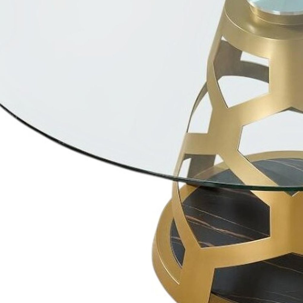 48" Clear And Gold Glass And Steel Pedestal Base Round Top Dining Table