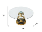 48" Clear And Gold Glass And Steel Pedestal Base Round Top Dining Table
