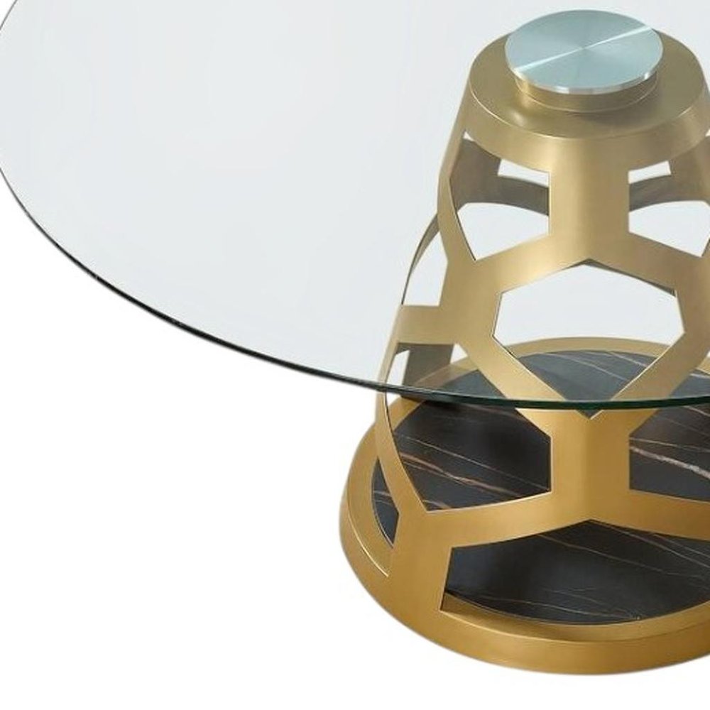48" Clear And Gold Glass And Steel Pedestal Base Round Top Dining Table