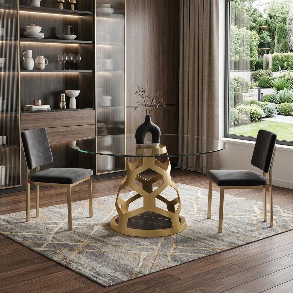 48" Clear And Gold Glass And Steel Pedestal Base Round Top Dining Table
