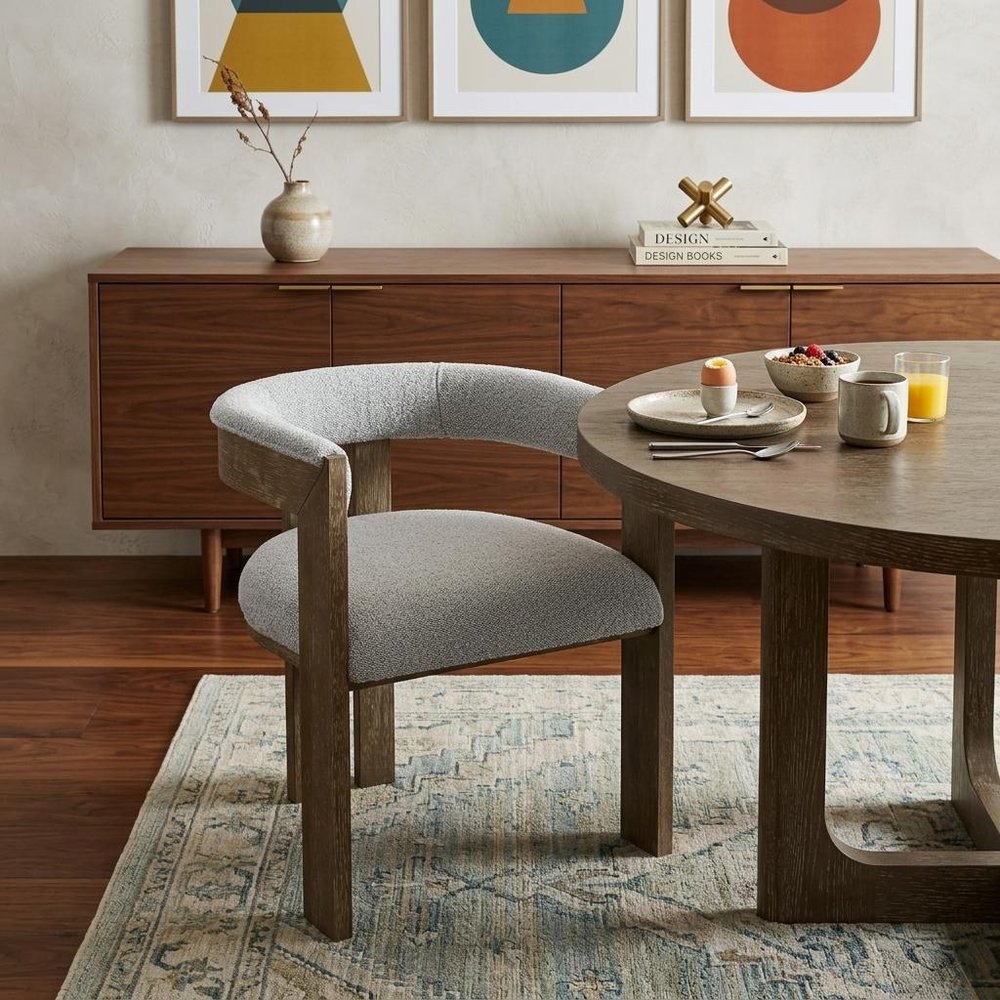 Gray and Brown Upholstered Boucle Open Back Dining Arm Chair