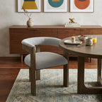 Gray and Brown Upholstered Boucle Open Back Dining Arm Chair