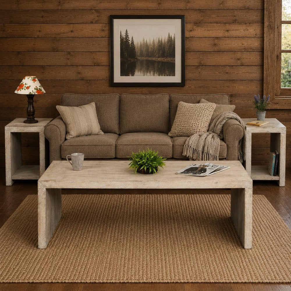 Three Piece Natural Solid Wood Distressed Sled Coffee And End Tables Set