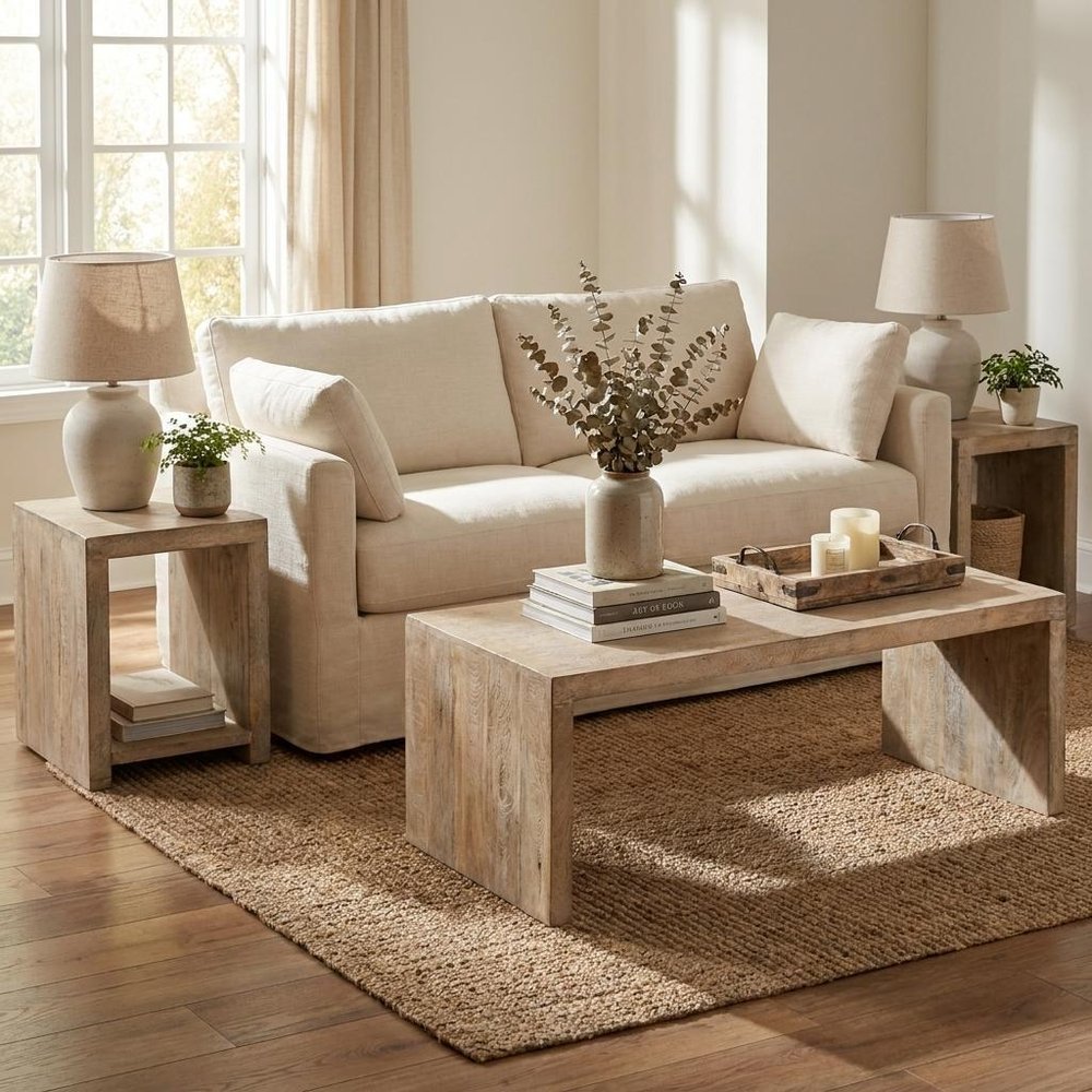Three Piece Natural Solid Wood Distressed Sled Coffee And End Tables Set